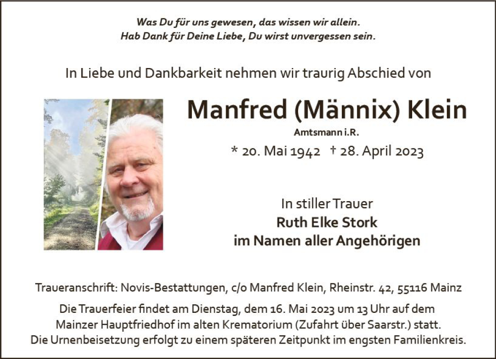  Traueranzeige für Manfred  Klein vom 06.05.2023 aus Allgemeine Zeitung Bingen/Ingelheim