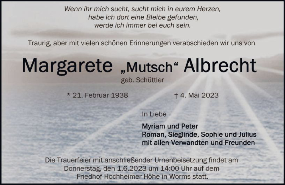  Traueranzeige für Margarete Albrecht vom 31.05.2023 aus Wormser Zeitung