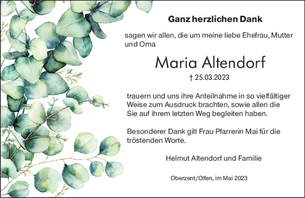  Traueranzeige für Maria Altendorf vom 13.05.2023 aus Odenwälder Echo