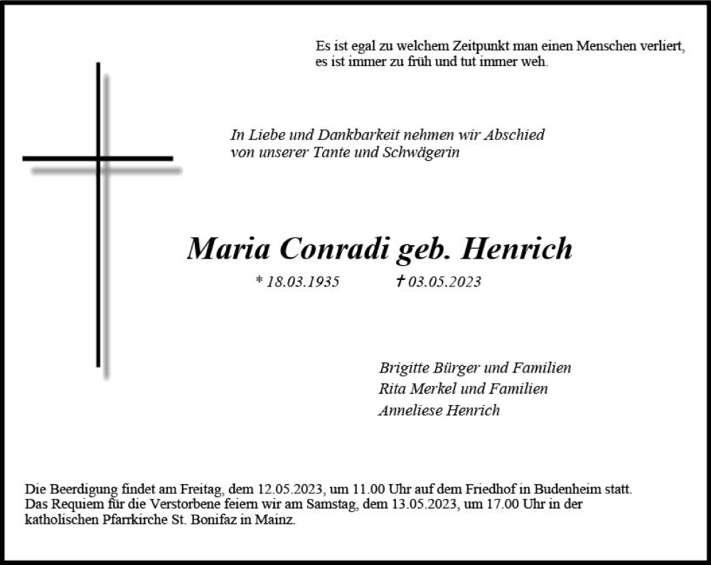  Traueranzeige für Maria Conradi vom 10.05.2023 aus Allgemeine Zeitung Mainz