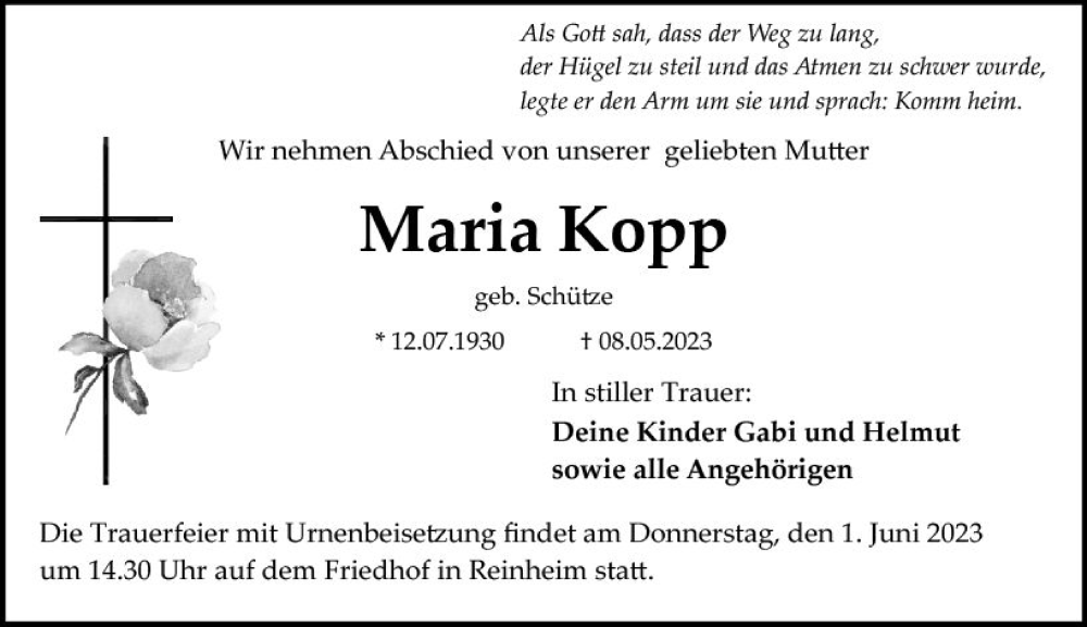  Traueranzeige für Maria Kopp vom 27.05.2023 aus Darmstädter Echo
