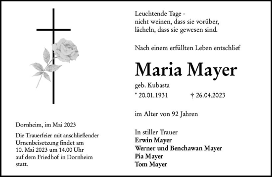 Traueranzeige von Maria Mayer von Starkenburger Echo