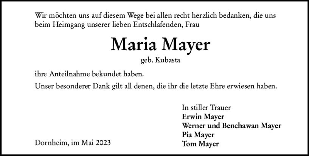  Traueranzeige für Maria Mayer vom 20.05.2023 aus Starkenburger Echo