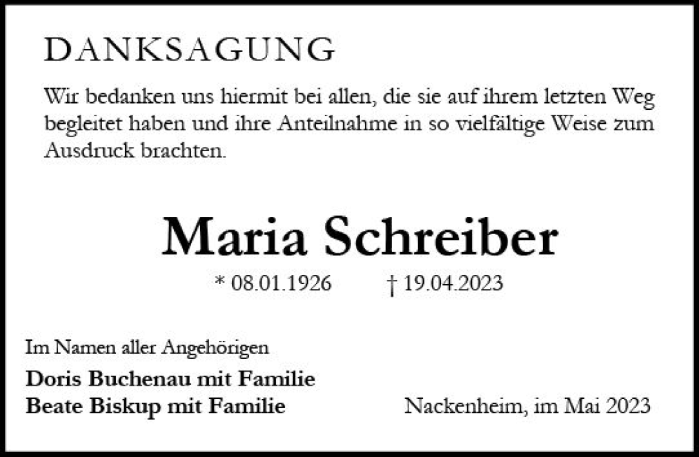  Traueranzeige für Maria Schreiber vom 20.05.2023 aus Allgemeine Zeitung Mainz