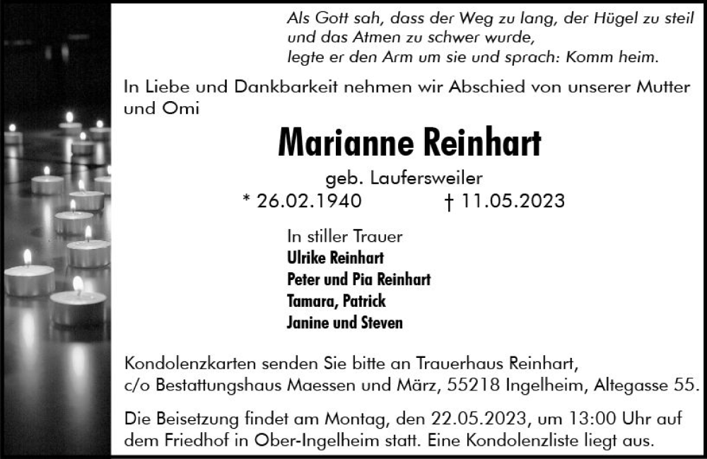  Traueranzeige für Marianne Reinhart vom 17.05.2023 aus Allgemeine Zeitung Bingen/Ingelheim