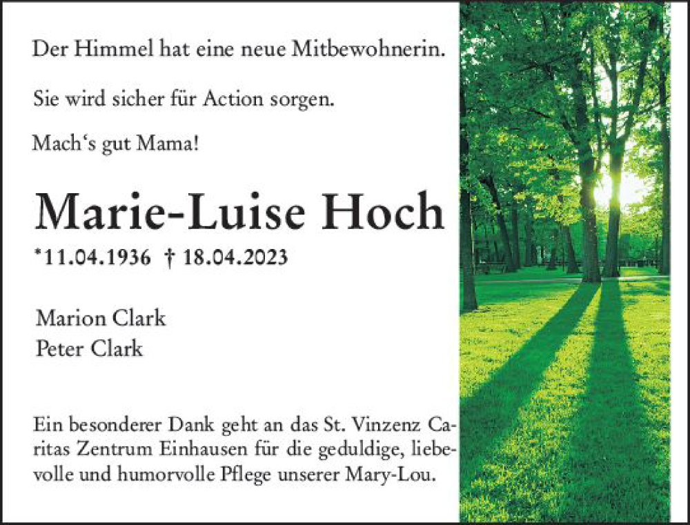  Traueranzeige für Marie-Luise Hoch vom 27.05.2023 aus Darmstädter Echo