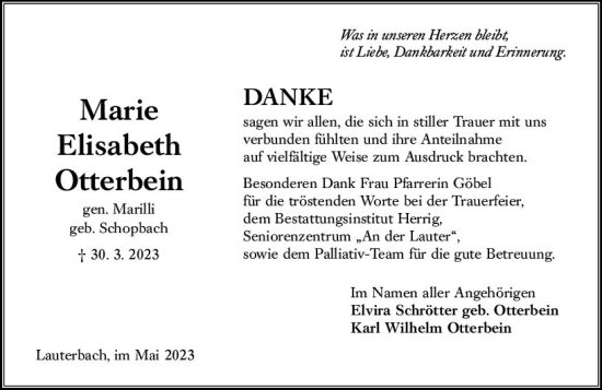 Traueranzeige von Marie Elisabeth Otterbein von VRM Trauer