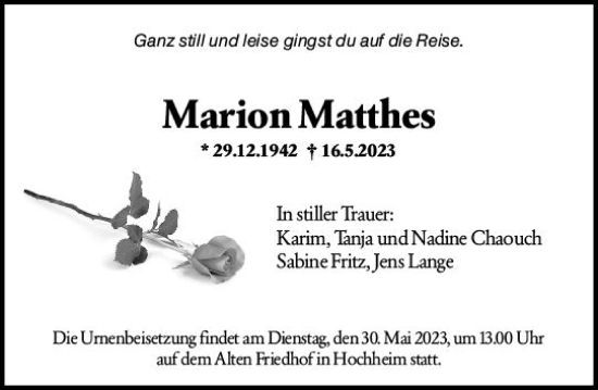 Traueranzeige von Marion Matthes von Hochheimer Zeitung