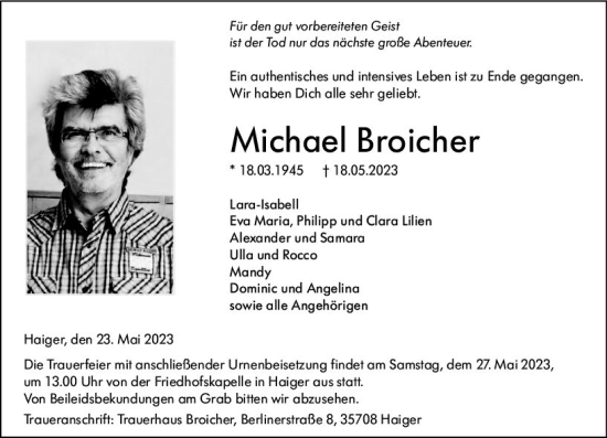 Traueranzeige von Michael Broicher von Dill Block