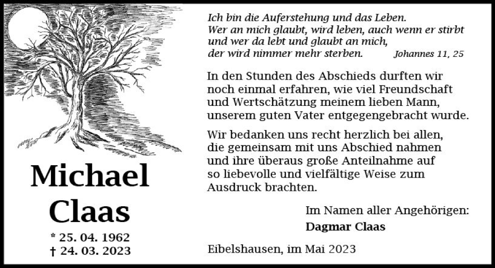  Traueranzeige für Michael Claas vom 13.05.2023 aus Dill Block