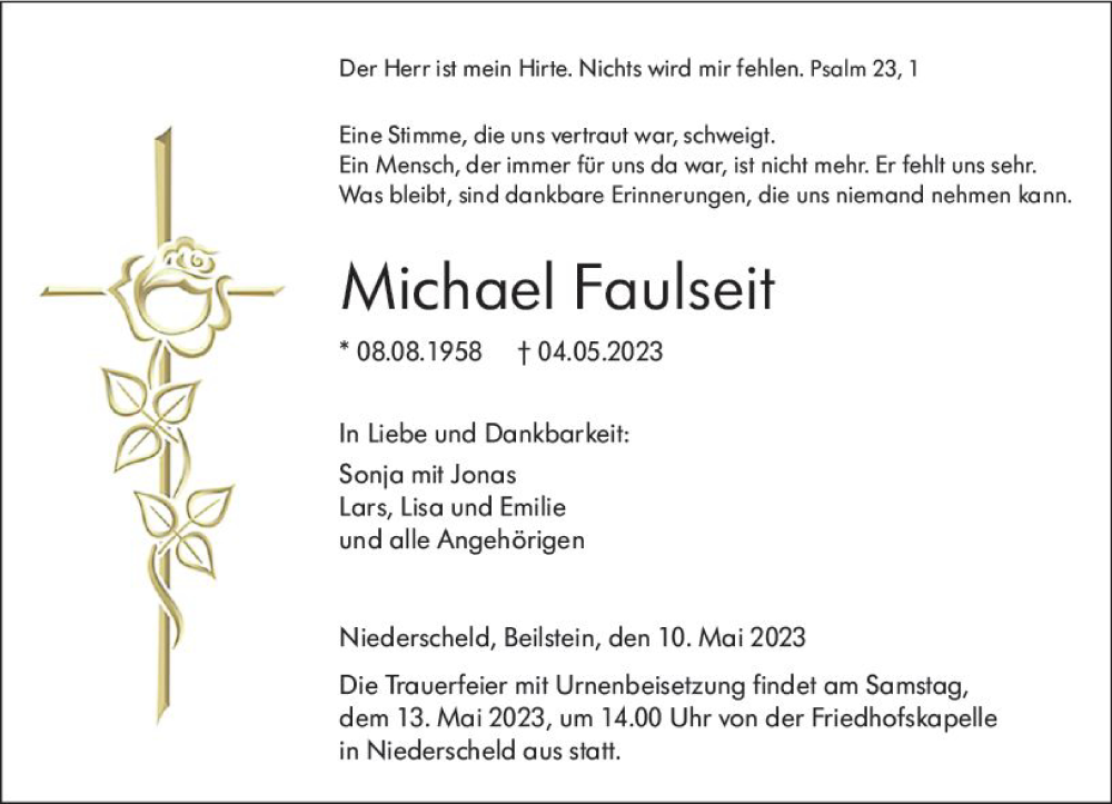  Traueranzeige für Michael Faulseit vom 10.05.2023 aus Dill Block