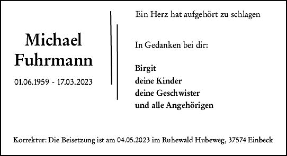  Traueranzeige für Michael Fuhrmann vom 03.05.2023 aus Rüsselsheimer Echo