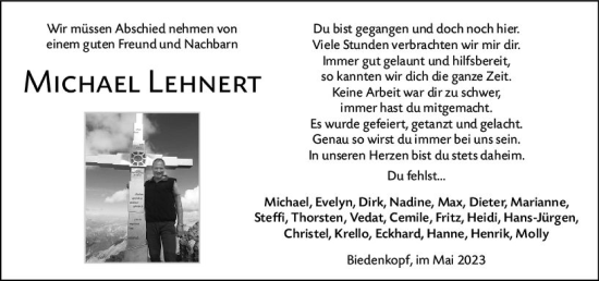 Traueranzeige von Michael Lehnert von Hinterländer Anzeiger