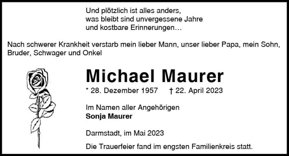  Traueranzeige für Michael Maurer vom 13.05.2023 aus Darmstädter Echo