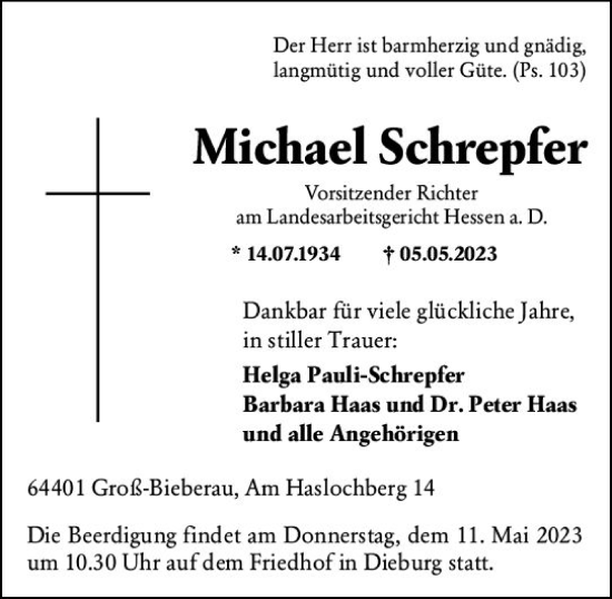 Traueranzeige von Michael Schrepfer von Darmstädter Echo