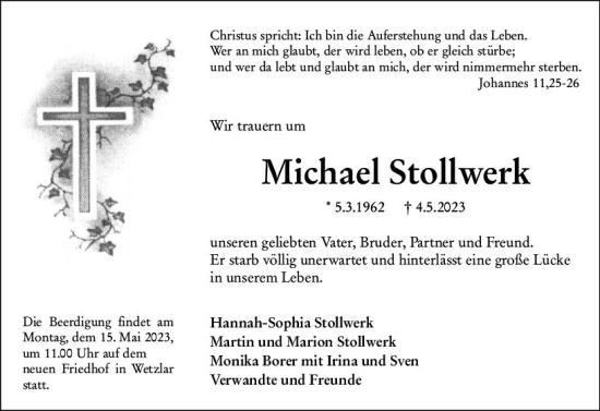 Traueranzeige von Michael Stollwerk von Wetzlarer Neue Zeitung