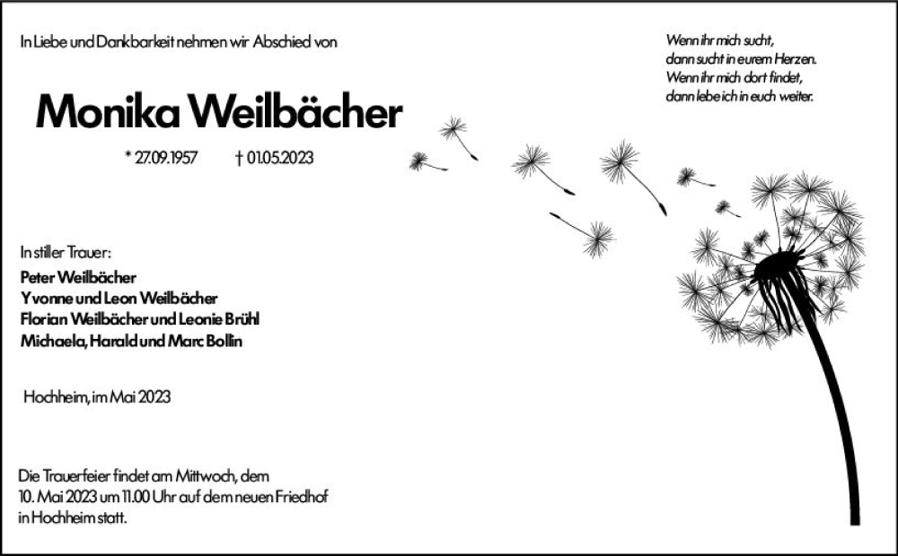  Traueranzeige für Monika Weilbächer vom 05.05.2023 aus Hochheimer Zeitung