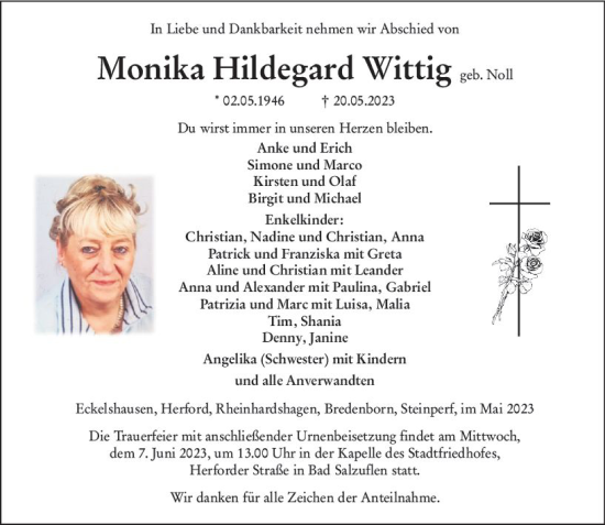 Traueranzeige von Monika Hildegard Wittig von Hinterländer Anzeiger