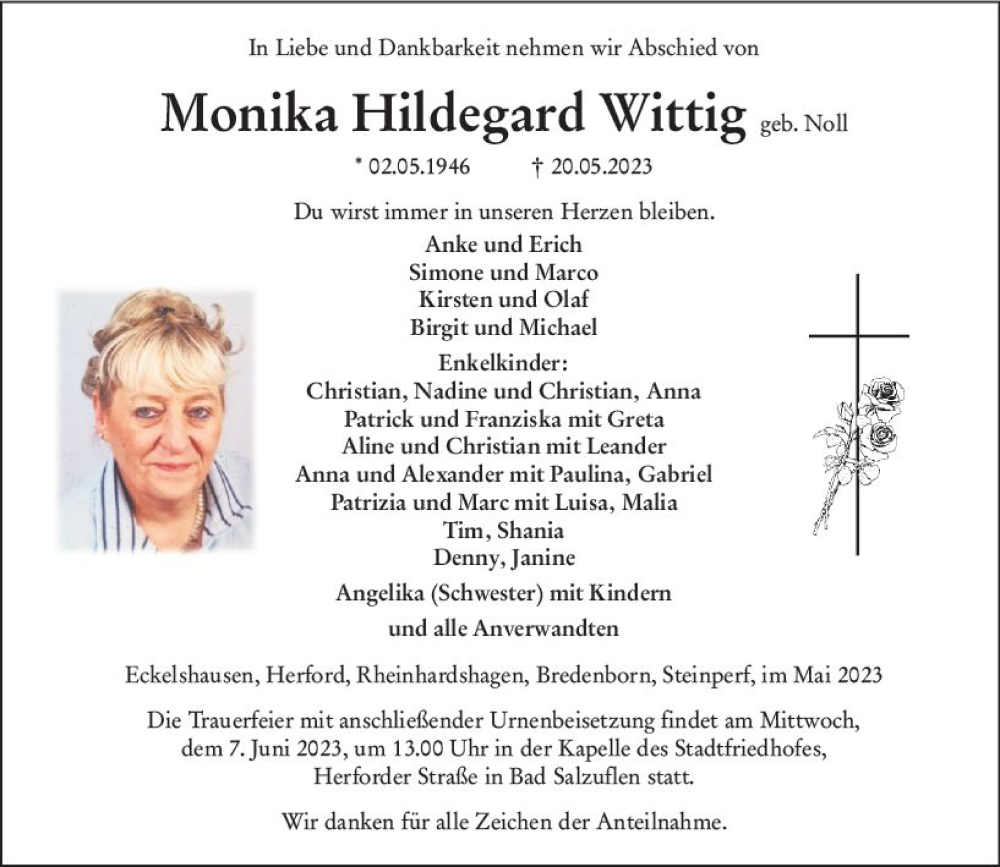  Traueranzeige für Monika Hildegard Wittig vom 31.05.2023 aus Hinterländer Anzeiger