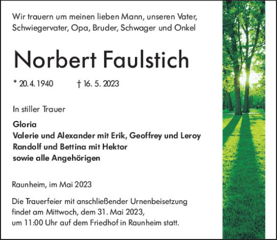 Traueranzeige von Norbert Faulstich von Rüsselsheimer Echo