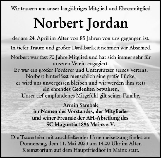 Traueranzeige von Norbert Jordan von Allgemeine Zeitung Mainz