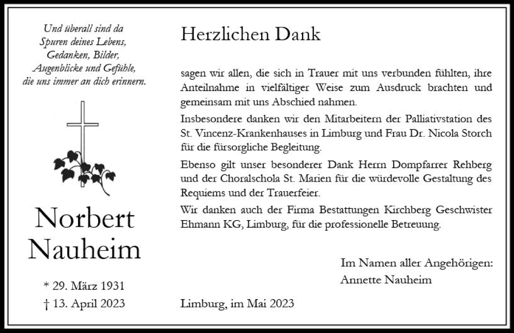  Traueranzeige für Norbert Nauheim vom 13.05.2023 aus Nassauische Neue Presse