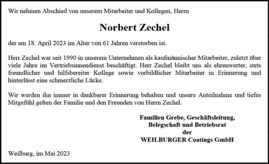 Traueranzeige von Norbert Zechel von Weilburger Tageblatt