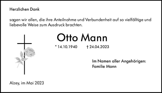 Traueranzeige von Otto Mann von Allgemeine Zeitung Alzey