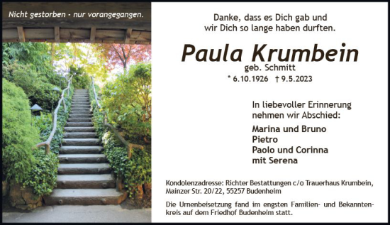 Traueranzeige von Paula Krumbein von Allgemeine Zeitung Bingen/Ingelheim