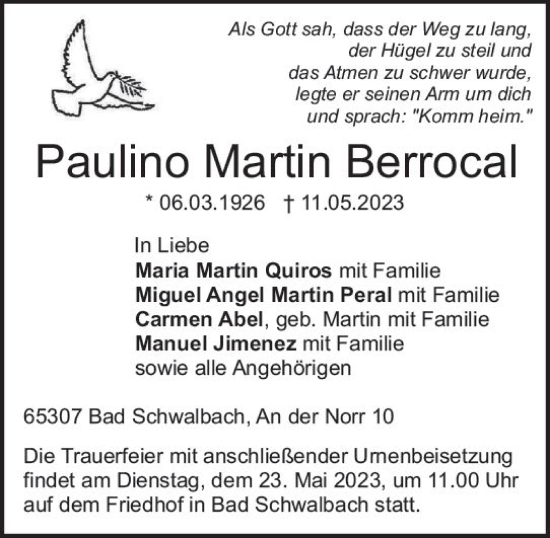 Traueranzeige von Paulino Martin Berrocal von Wiesbadener Kurier