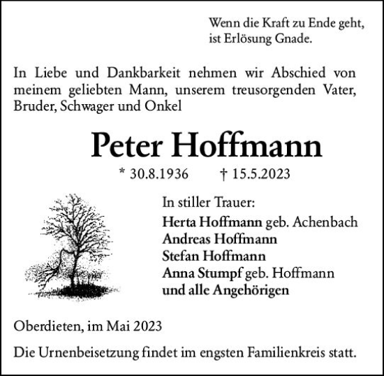 Traueranzeige von Peter Hoffmann von Hinterländer Anzeiger