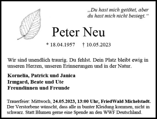 Traueranzeige von Peter Neu von Darmstädter Echo
