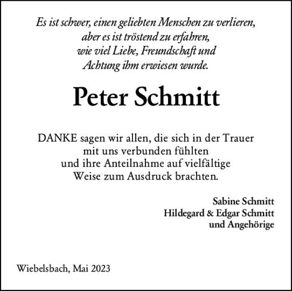  Traueranzeige für Peter Schmitt vom 13.05.2023 aus Darmstädter Echo