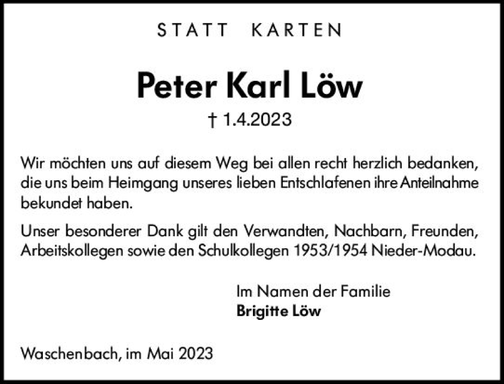  Traueranzeige für Peter Karl Löw vom 20.05.2023 aus Darmstädter Echo