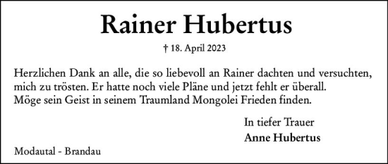 Traueranzeige von Rainer Hubertus von Darmstädter Echo
