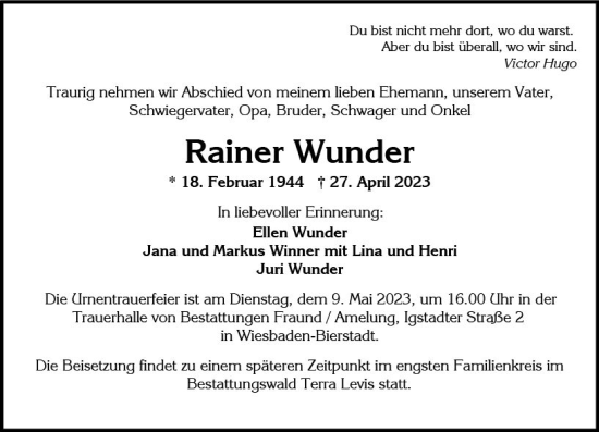 Traueranzeige von Rainer Wunder von Wiesbadener Kurier