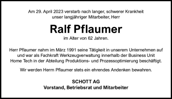 Traueranzeige von Ralf Pflaumer von Allgemeine Zeitung Mainz
