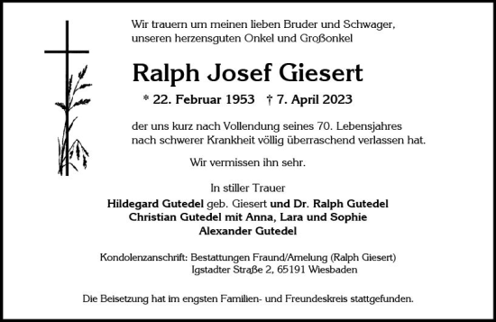 Traueranzeige von Ralph Josef Giesert von Wiesbadener Kurier
