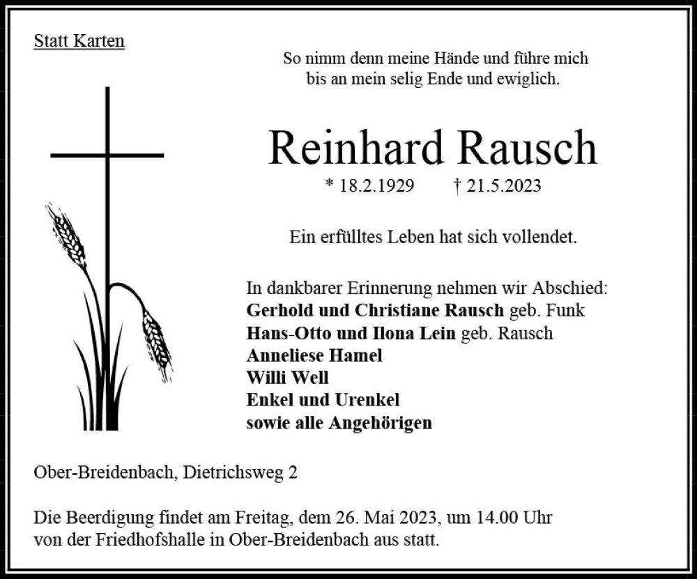  Traueranzeige für Reinhard Rausch vom 24.05.2023 aus VRM Trauer