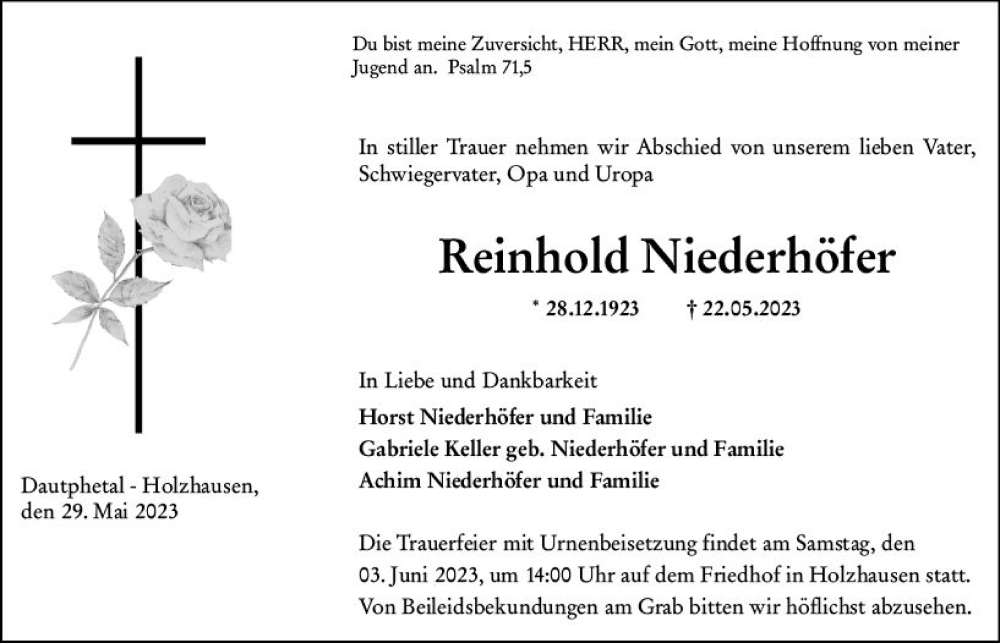  Traueranzeige für Reinhold Niederhöfer vom 31.05.2023 aus Hinterländer Anzeiger