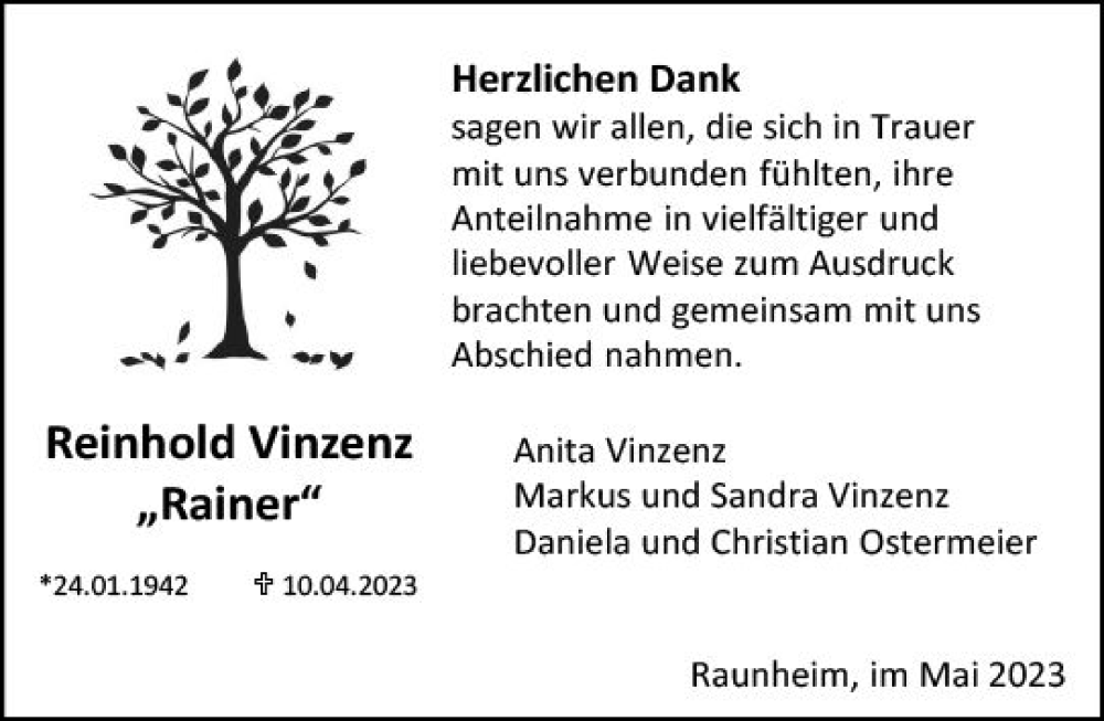  Traueranzeige für Reinhold Vinzenz vom 13.05.2023 aus Rüsselsheimer Echo