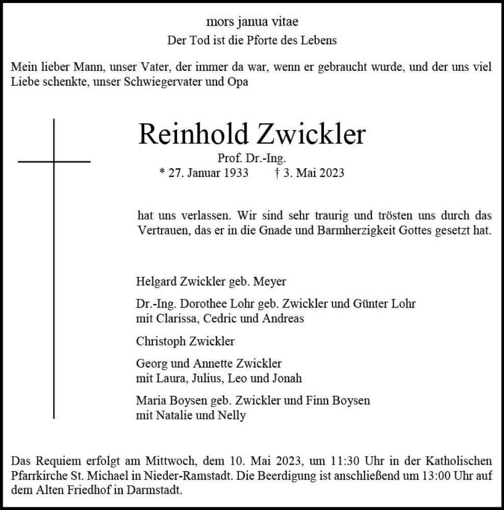  Traueranzeige für Reinhold Zwickler vom 06.05.2023 aus Darmstädter Echo