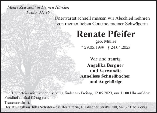 Traueranzeige von Renate Pfeifer von Odenwälder Echo