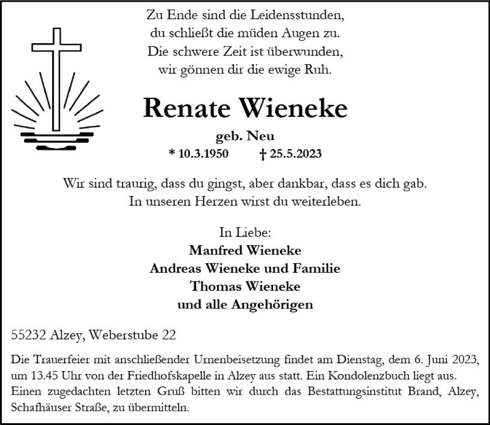  Traueranzeige für Renate Wieneke vom 27.05.2023 aus Allgemeine Zeitung Alzey