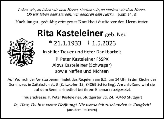 Traueranzeige von Rita Kasteleiner von Dill Block