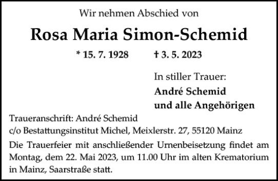Traueranzeige von Rosa Maria Simon-Schemid von Allgemeine Zeitung Mainz