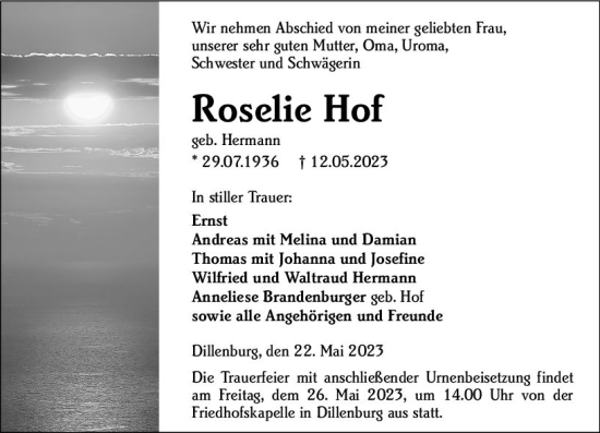 Traueranzeige von Roselie Hof von Dill Block