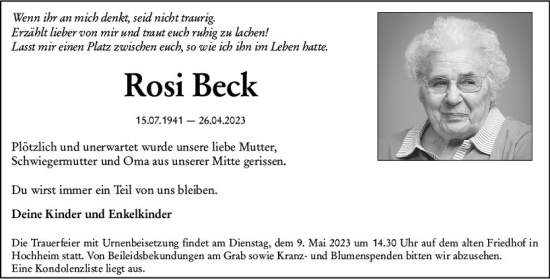 Traueranzeige von Rosi Beck von Hochheimer Zeitung
