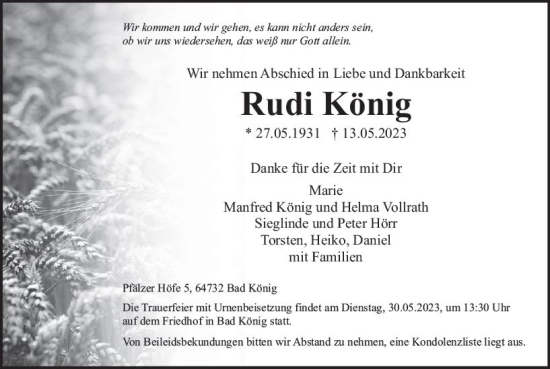 Traueranzeige von Rudi König von Odenwälder Echo