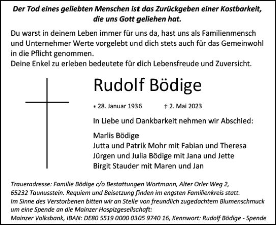 Traueranzeige von Rudolf Bödige von Allgemeine Zeitung Mainz